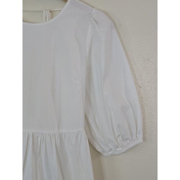 WAYF White Mini Dress Womens Size Small Puff Sleeves Open Tie Back Cotton POCKET - Picture 4 of 13